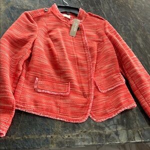 Chico's Red Textured Blazer Modern Collarless Design